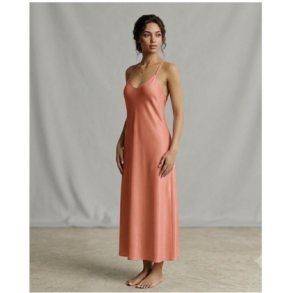 A New Day Satin Nightgown Sleeveless Crepe De Chine Sea Coral V-Neck Midi XS